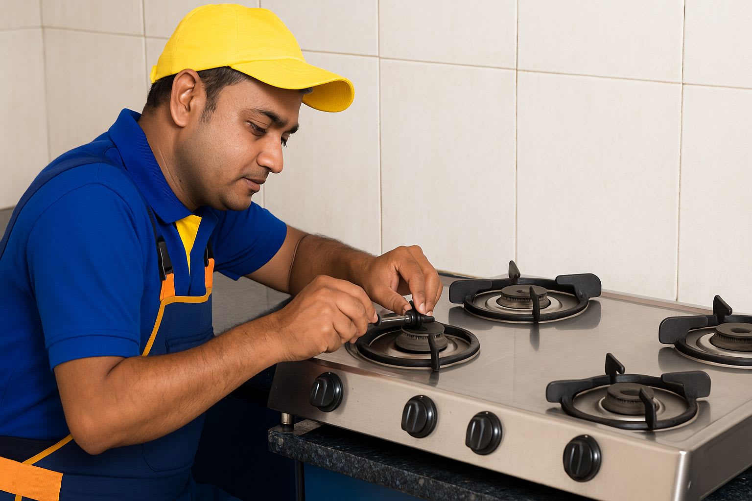 Technician repairing gas stove at customer's home